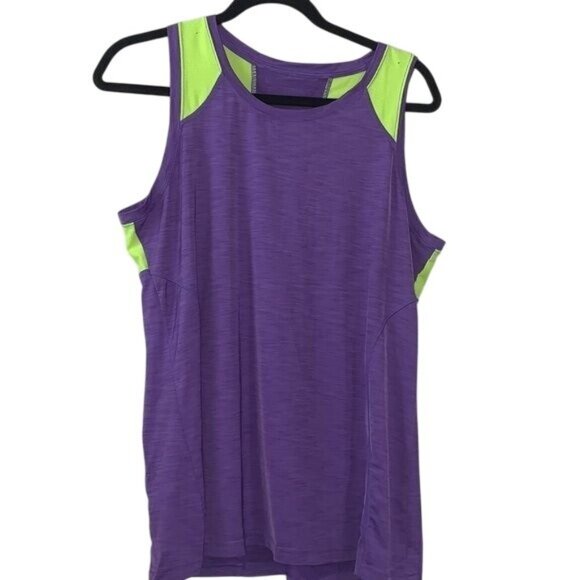 Purple & Neon Green Dri-Fit Sleeveless Active Tank Top With Zipper Pocket By Avi - Picture 1 of 10